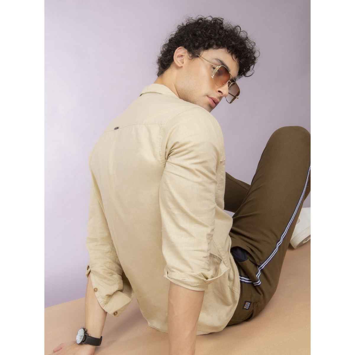 The Indian Garage Co Men's Slim Fit Solid Casual Shirt | Beige - L