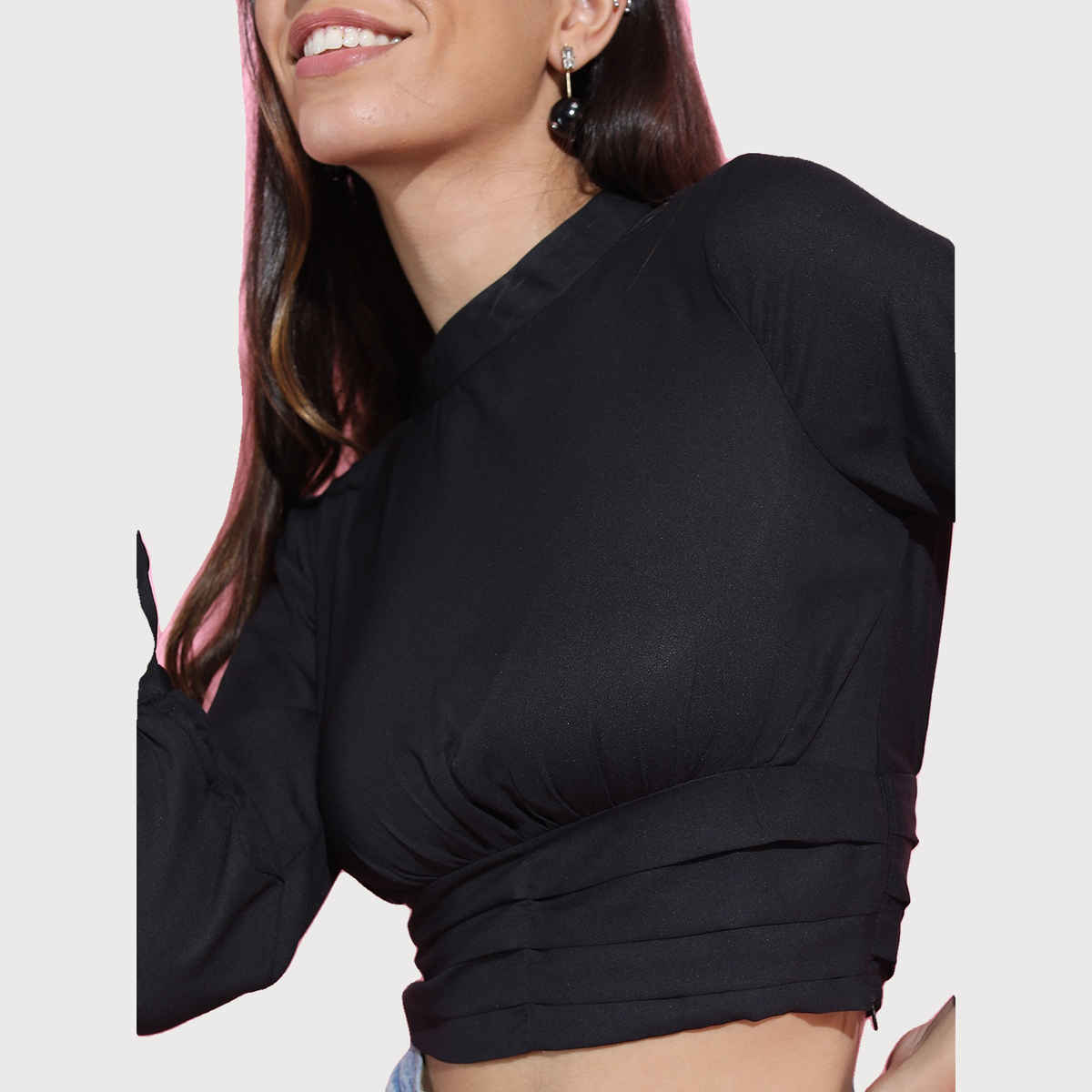 Tokyo Talkies Women's Side Fixed Laceup Detailed High Neck Crop Top | Black - XL