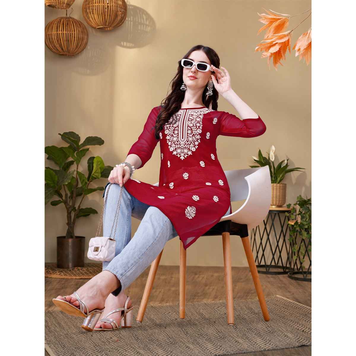 Youthnic Georgette Embroidered Embroidered Straight Short Kurti | B54 - Taara Maroon | L