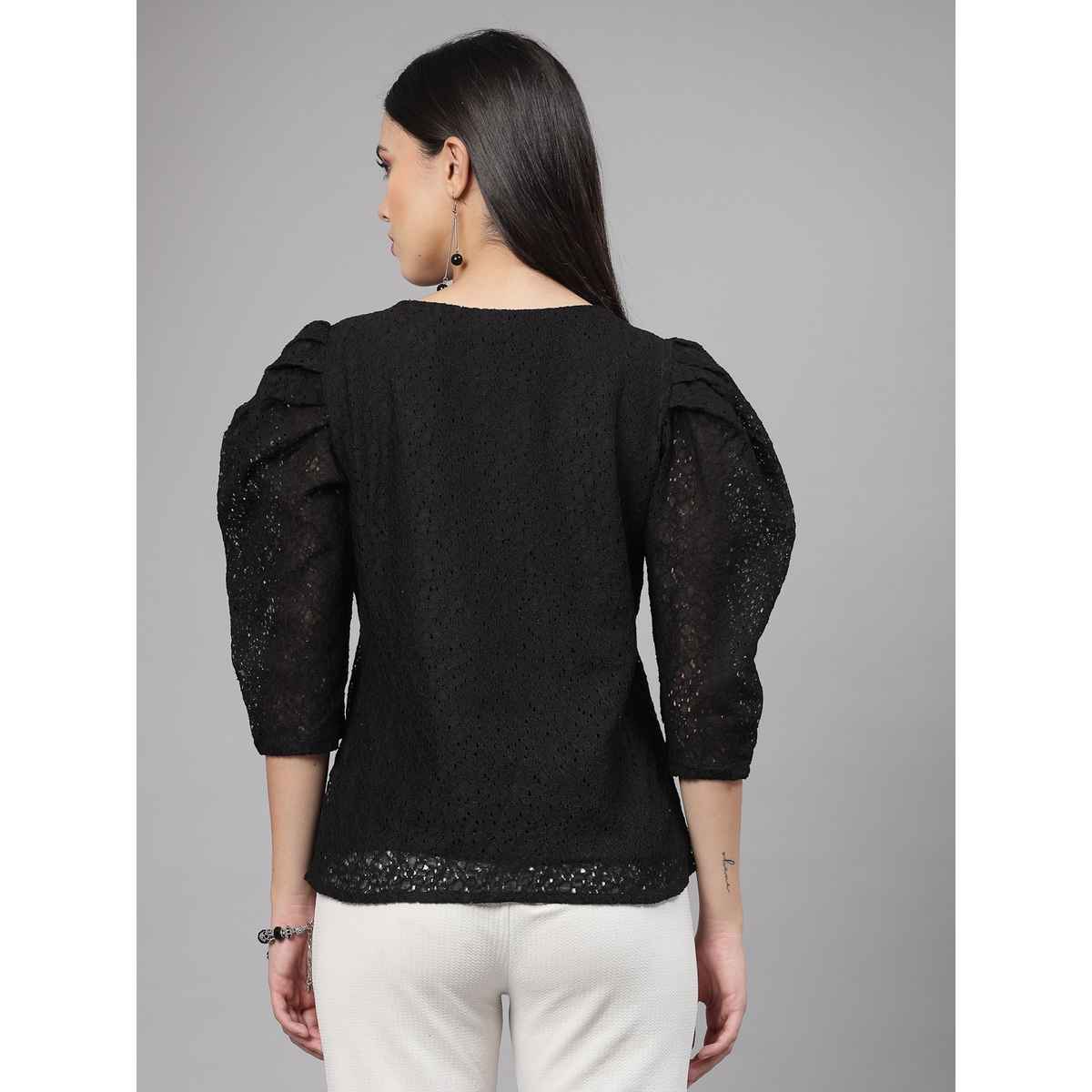 Style Quotient Women Black Self Design Floral Lace Regular Casual Top | XL | AW23SQARNI - Black