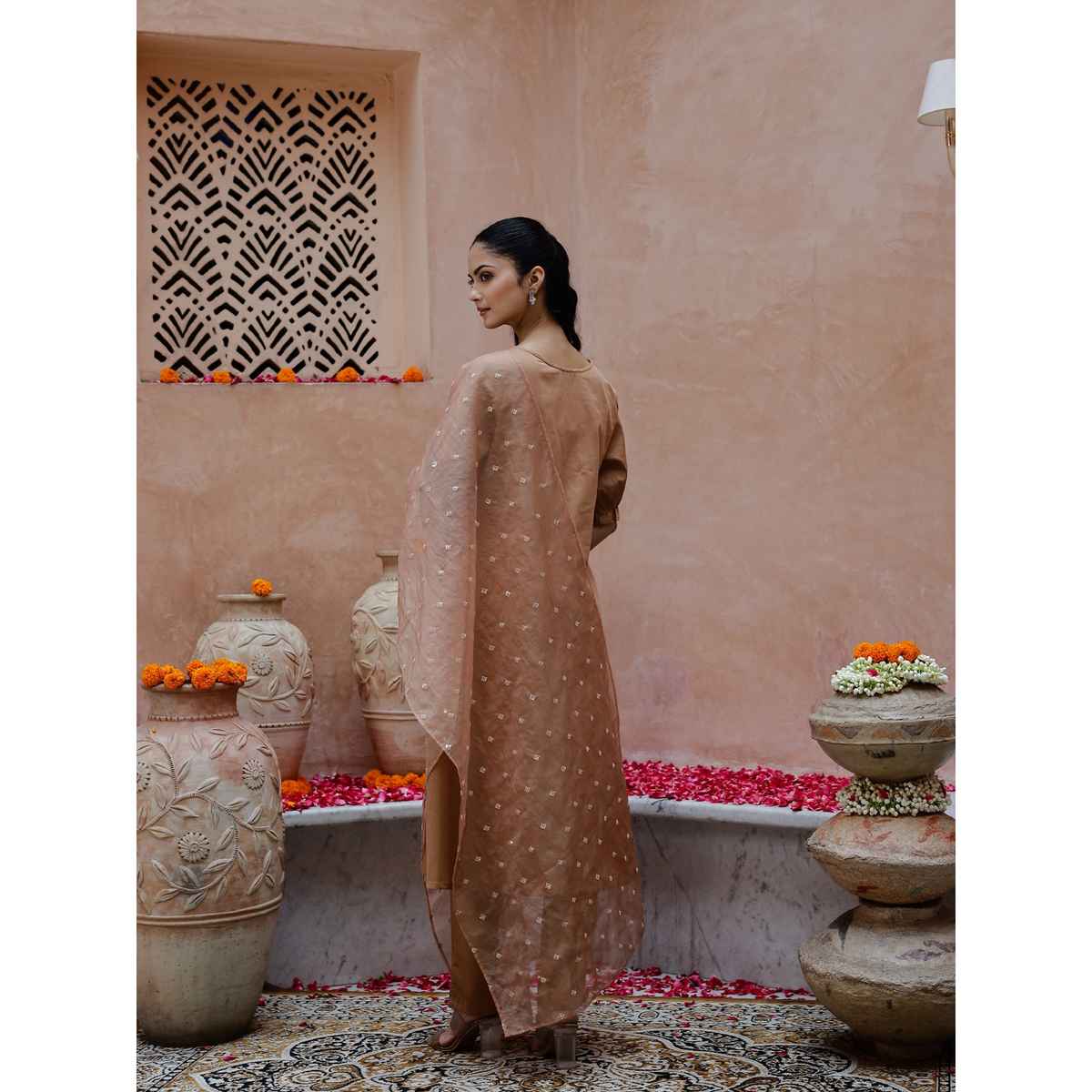 Rangdeep Square Neck Puffed Sleeves Sequinned Straight Kurta Trousers & Dupatta Women | Brown | XXL