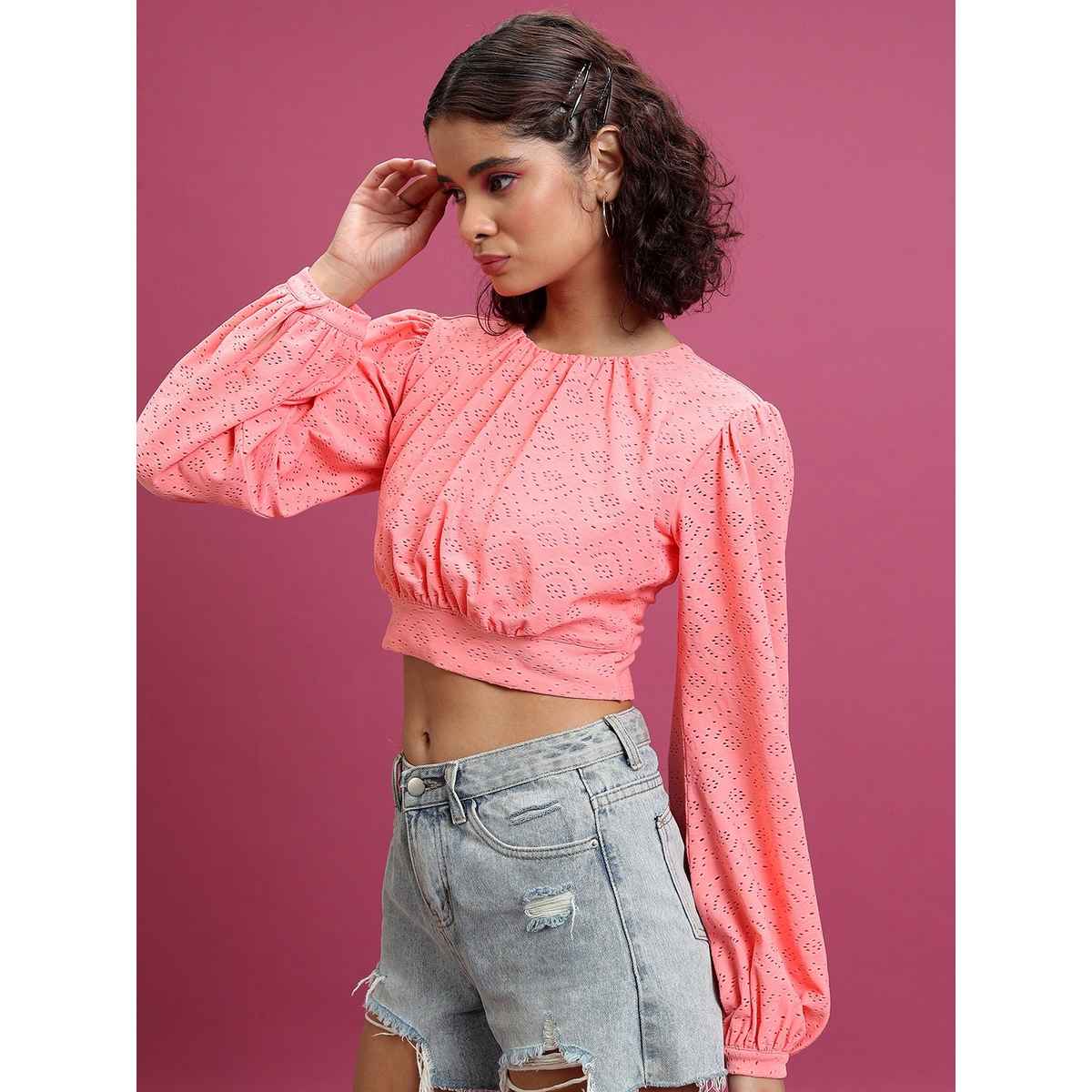 Ketch Women's Self Design Round Neck Bishop Sleeves Blouson Crop Top | Pink - S