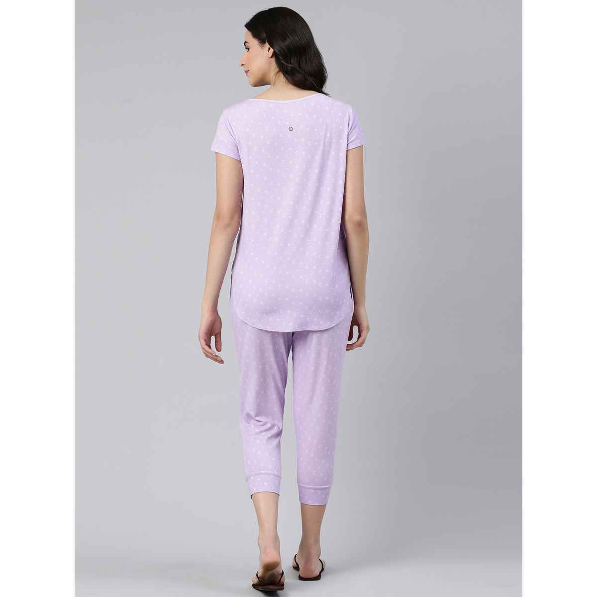 Enamor Essentials EC16 Women s Aop-Soft & Drapey All Over Printed Lounge Capri Set | Lavendar | XL