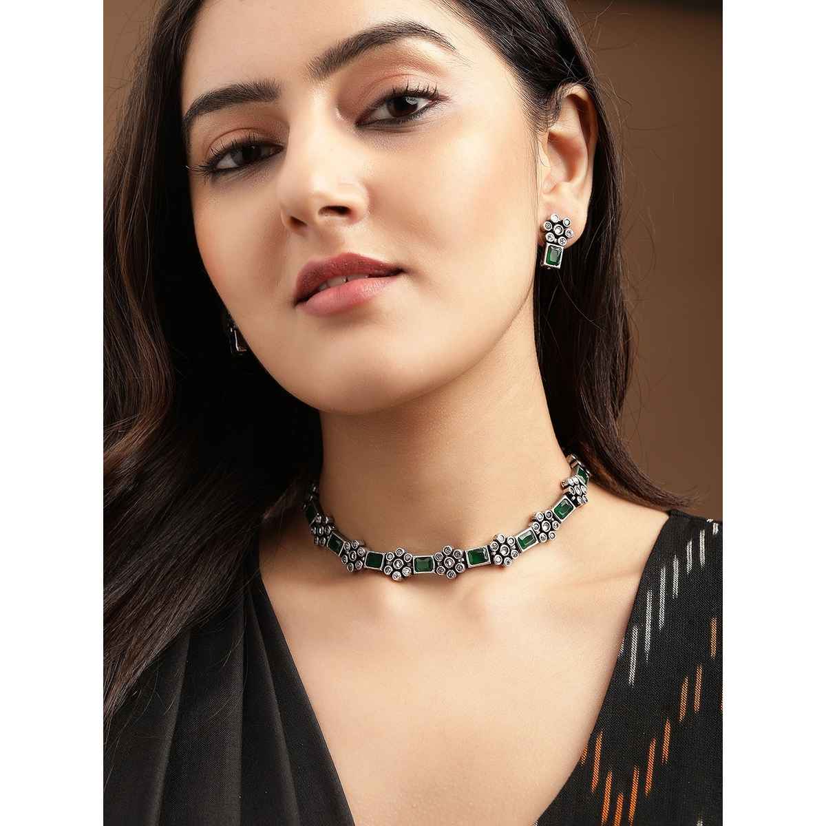 Rubans Oxidised Silver-Plated Emerald Green & Zirconia Stone Studded Floral Necklace Set