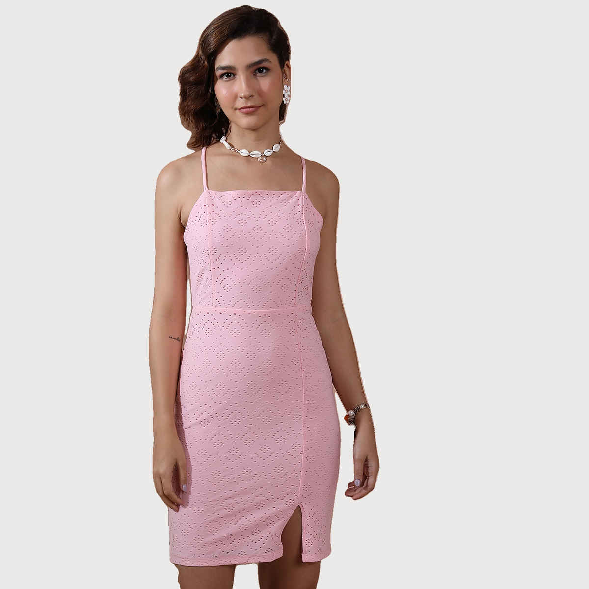 Ketch Women's Schiffli Shoulder Straps Bodycon Dress | Pink - S