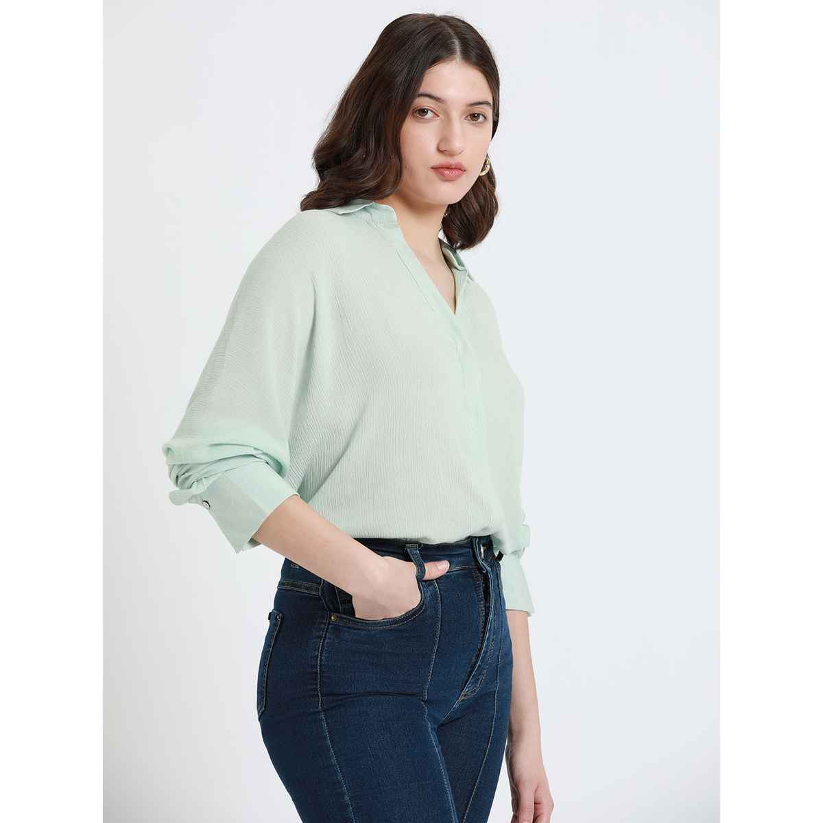 DL Women's Oversized Crepe Casual Shirt | DLWSHW23011 | Mint Green - XL