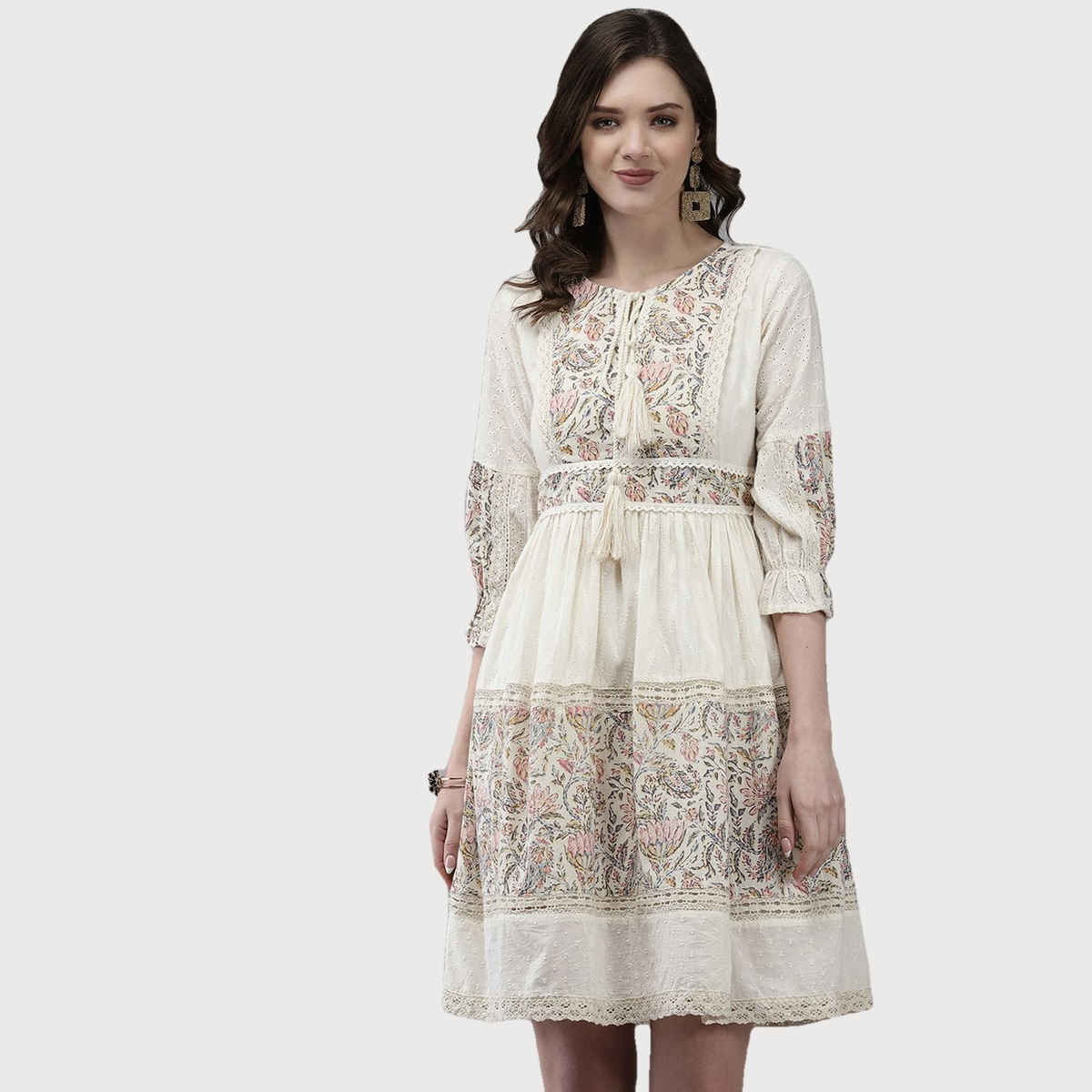 Ishin Women's Off White Floral Embroidered Tie-up Neck a-line Dress - L | Topknm-21027