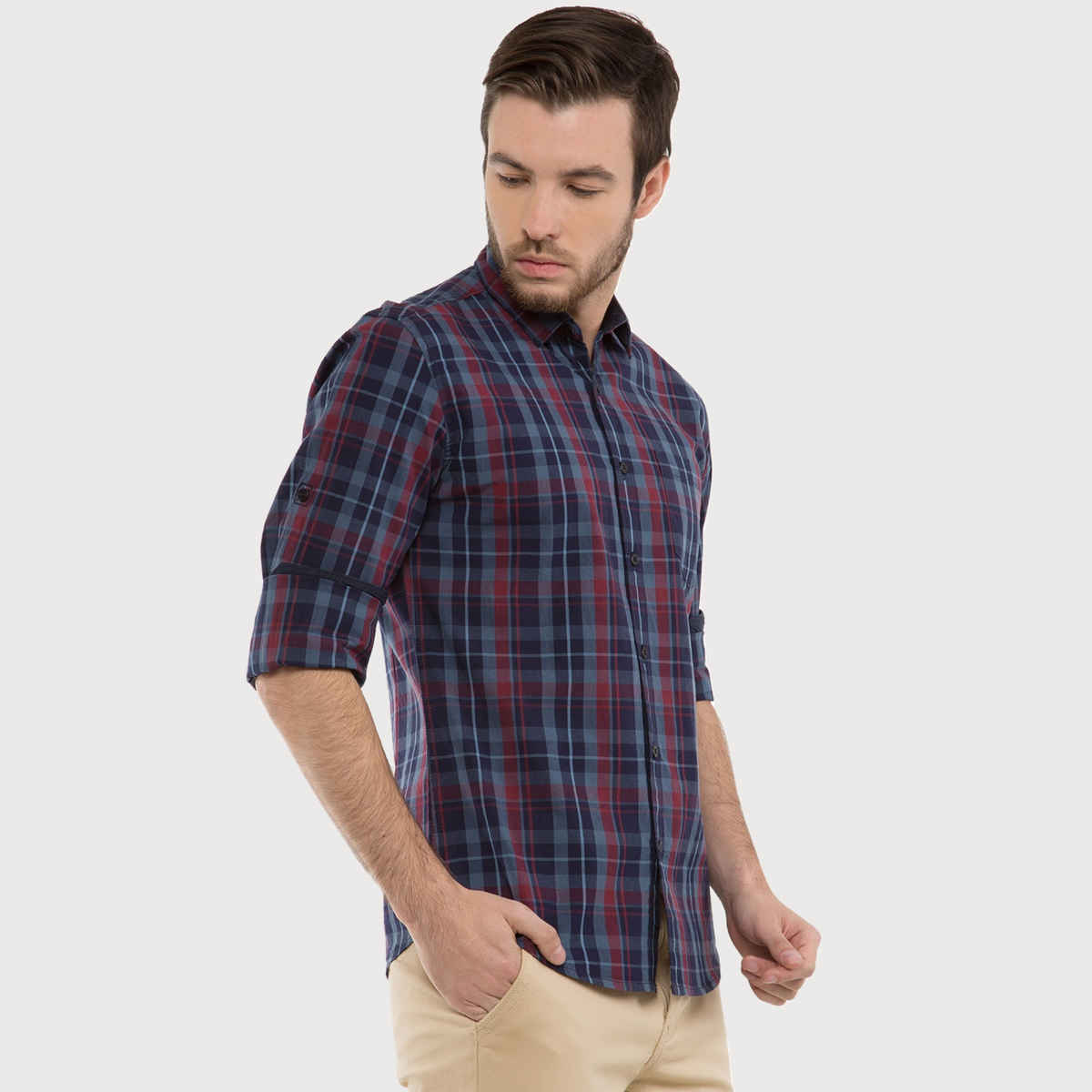 Highlander Men's Slim Fit Checked Casual Shirt - Navy Blue and Lt Blue | L