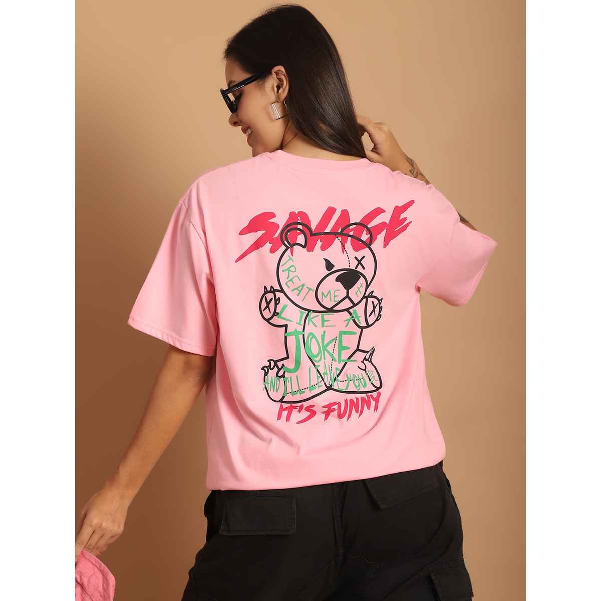 Fabflee Women Oversize Cotton Printed Round Neck Tshirt | Pink | FAB-OS-509 | M