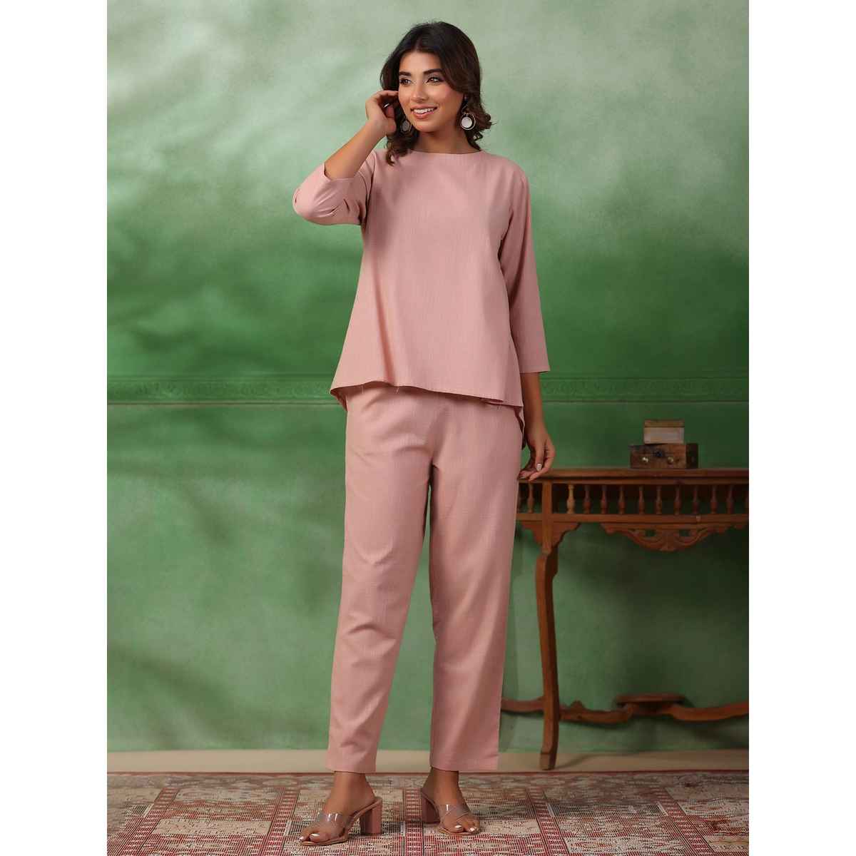 Sanskrutihomes Round Neck Pure Cotton Top And Trousers | Pink | XL
