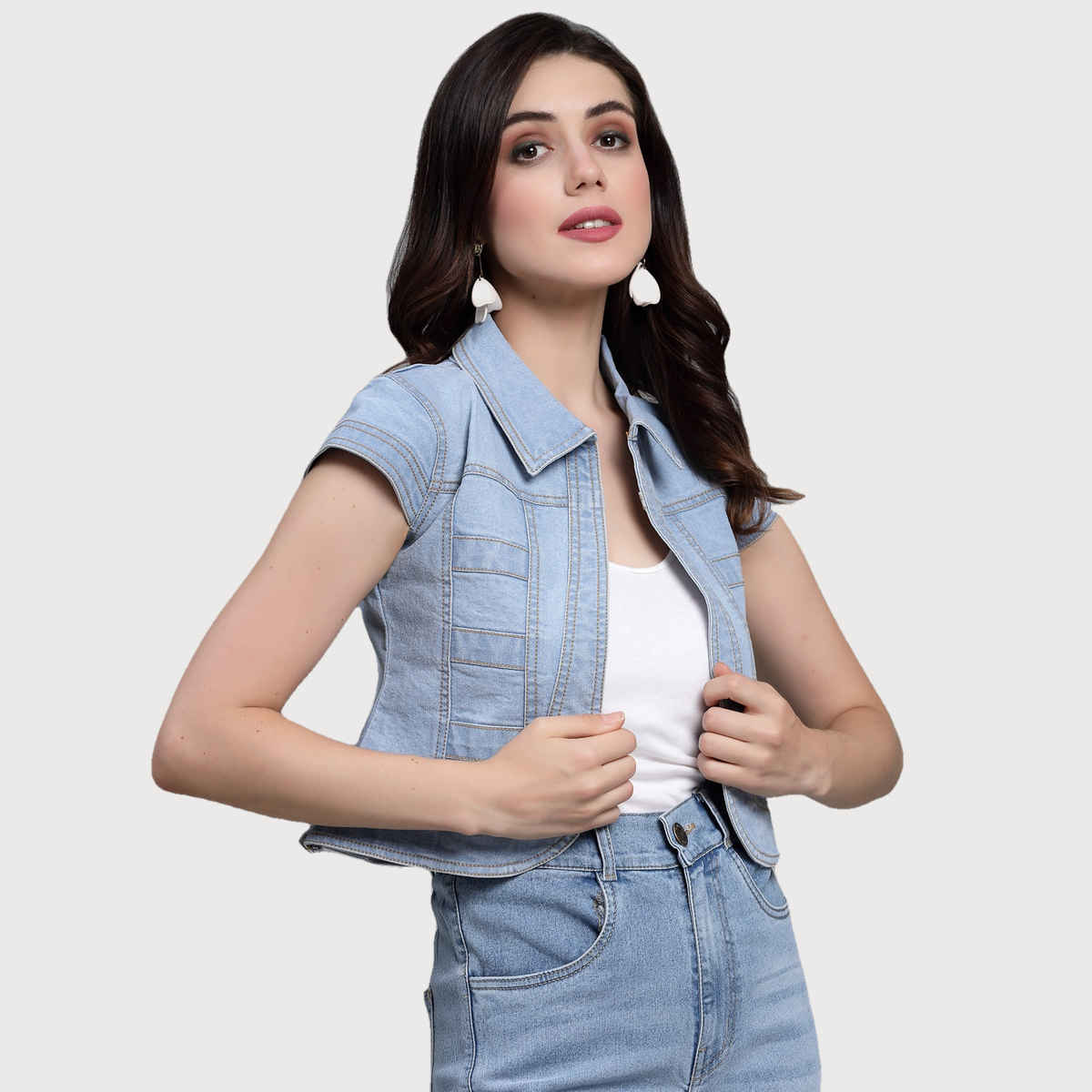 Style Quotient Women Denim Open Front Regular Shrug | S | SS23SQBUBBLY - Ice Blue