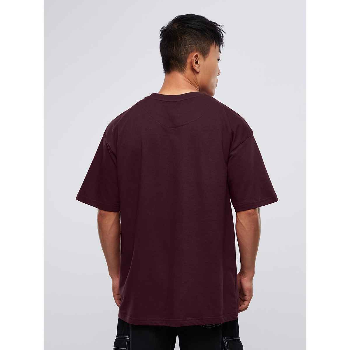 The Souled Store Solids- Dark Purple Oversized T-Shirts, Burgundy, M