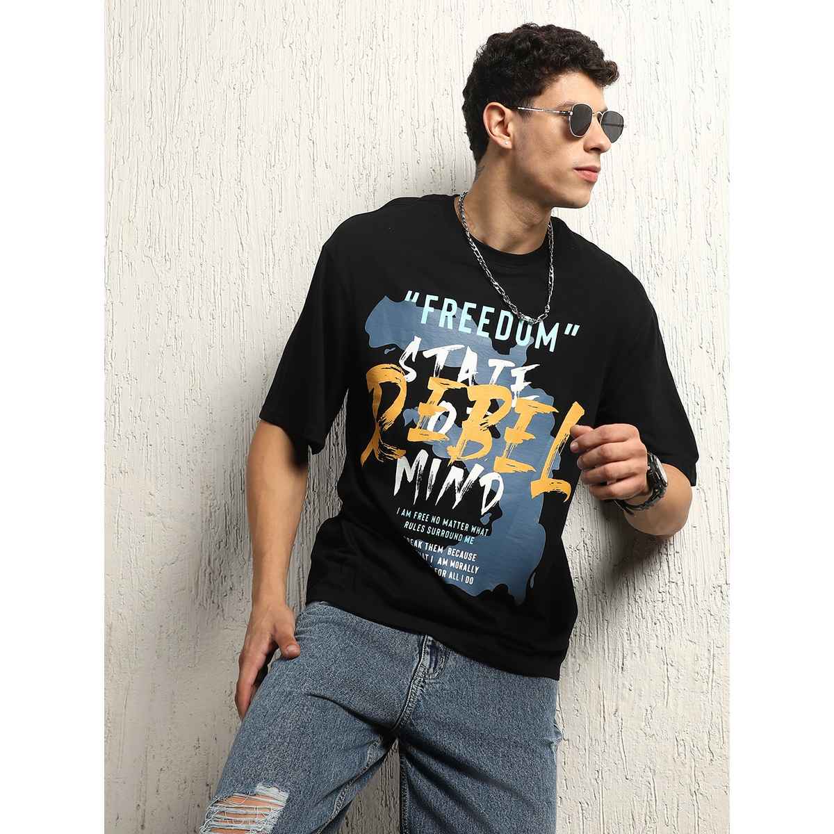 Hubberholme Men's Typography Printed Round Neck Oversized T-shirt | Black - S