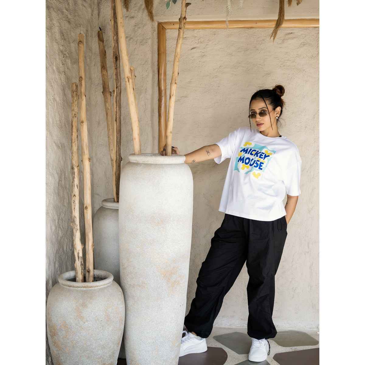 Bonorganik Women's Mickey Oversize Front Print T-Shirt | Bon12121 | White | M
