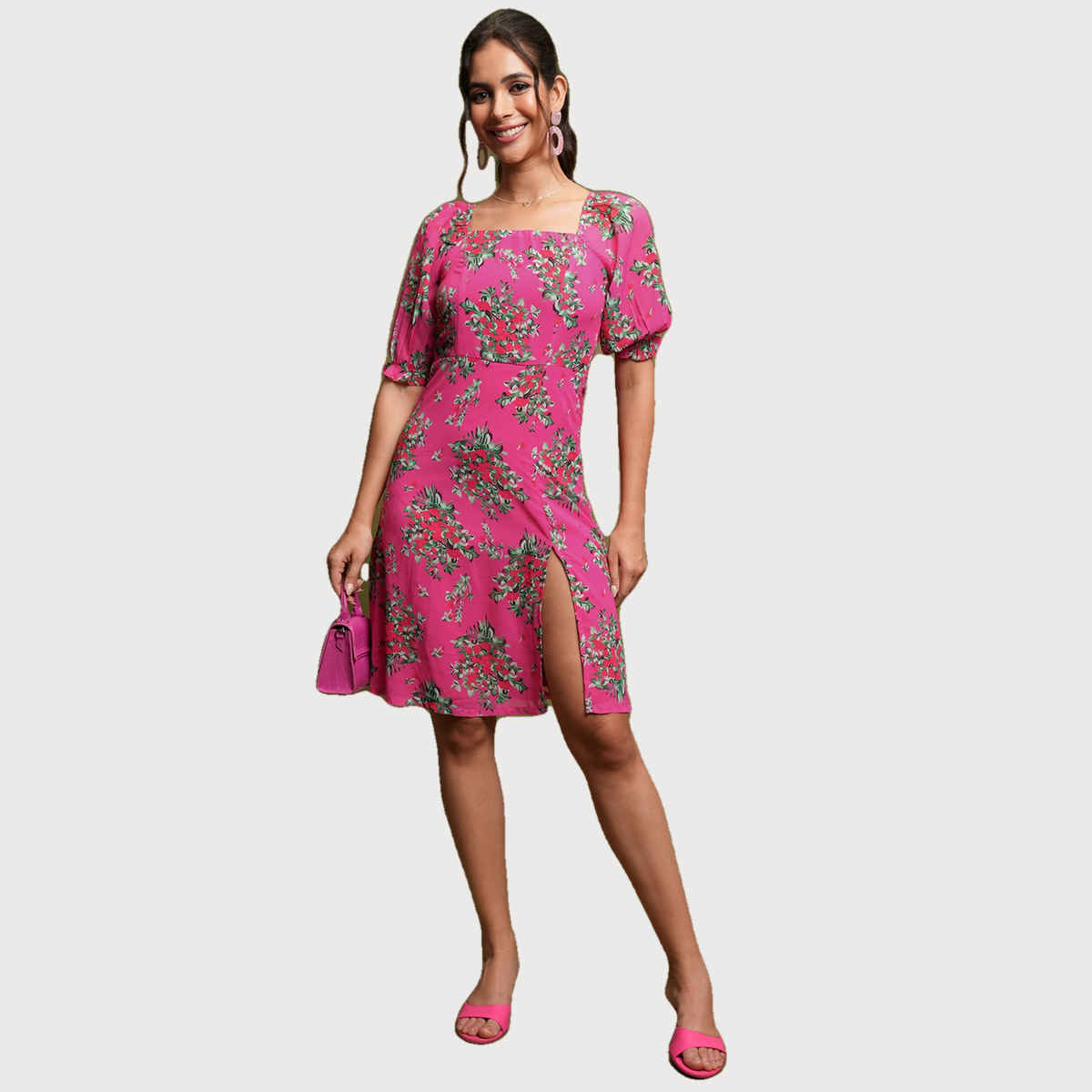 Ketch Women's Floral Printed Puff Sleeves Smocked A-Line Dress | Multicolor - S