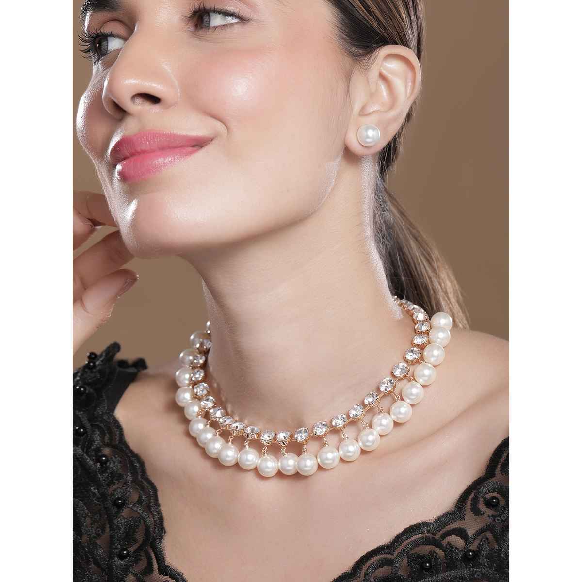 Rubans 18K Gold Plated Luxurious Pearls Beaded and Cubic Zirconia Studded Jewellery Set