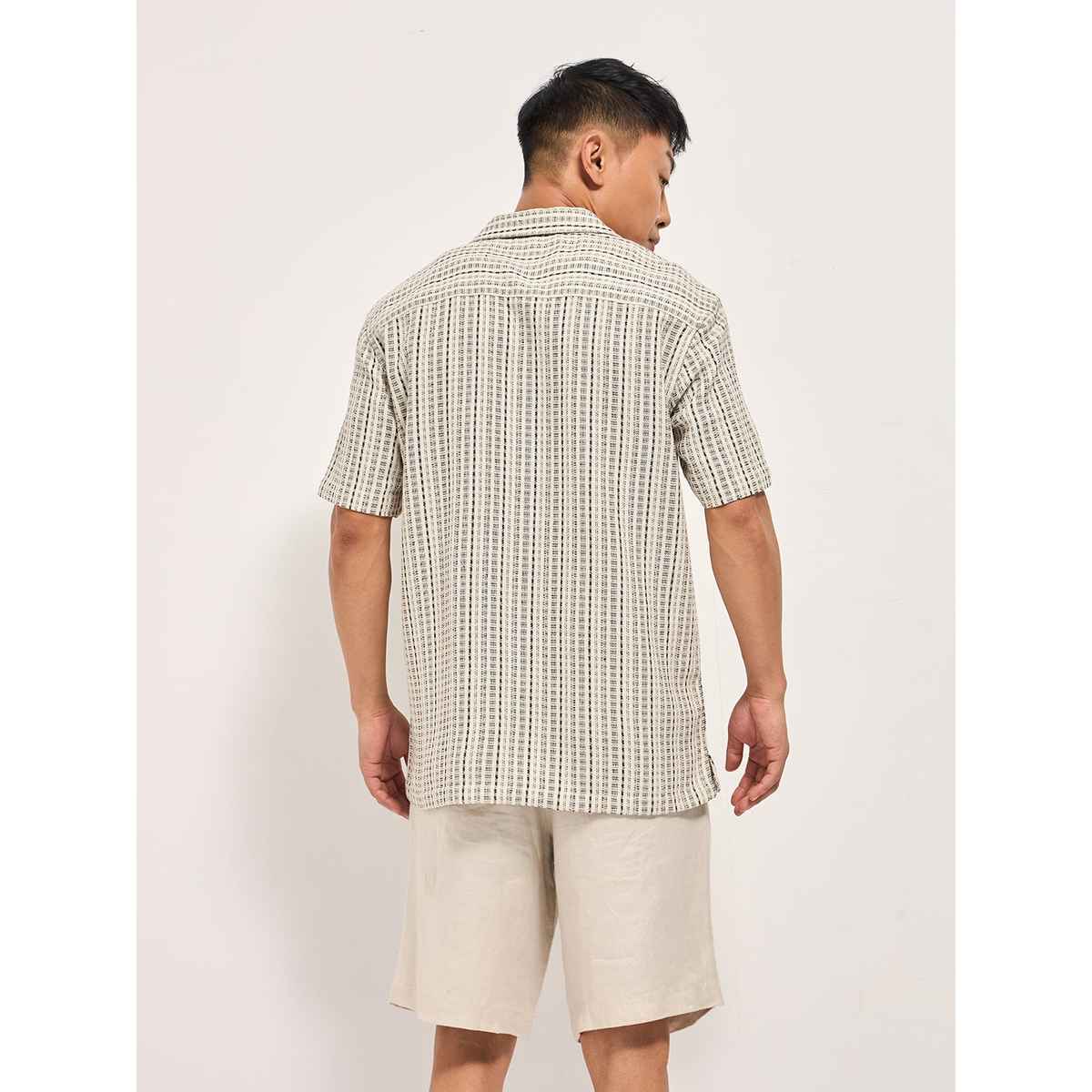 THE BEAR HOUSE Men's Pure Cotton Striped Regular Fit Shirt | TBH-PUNTILO-CR | Cream - L