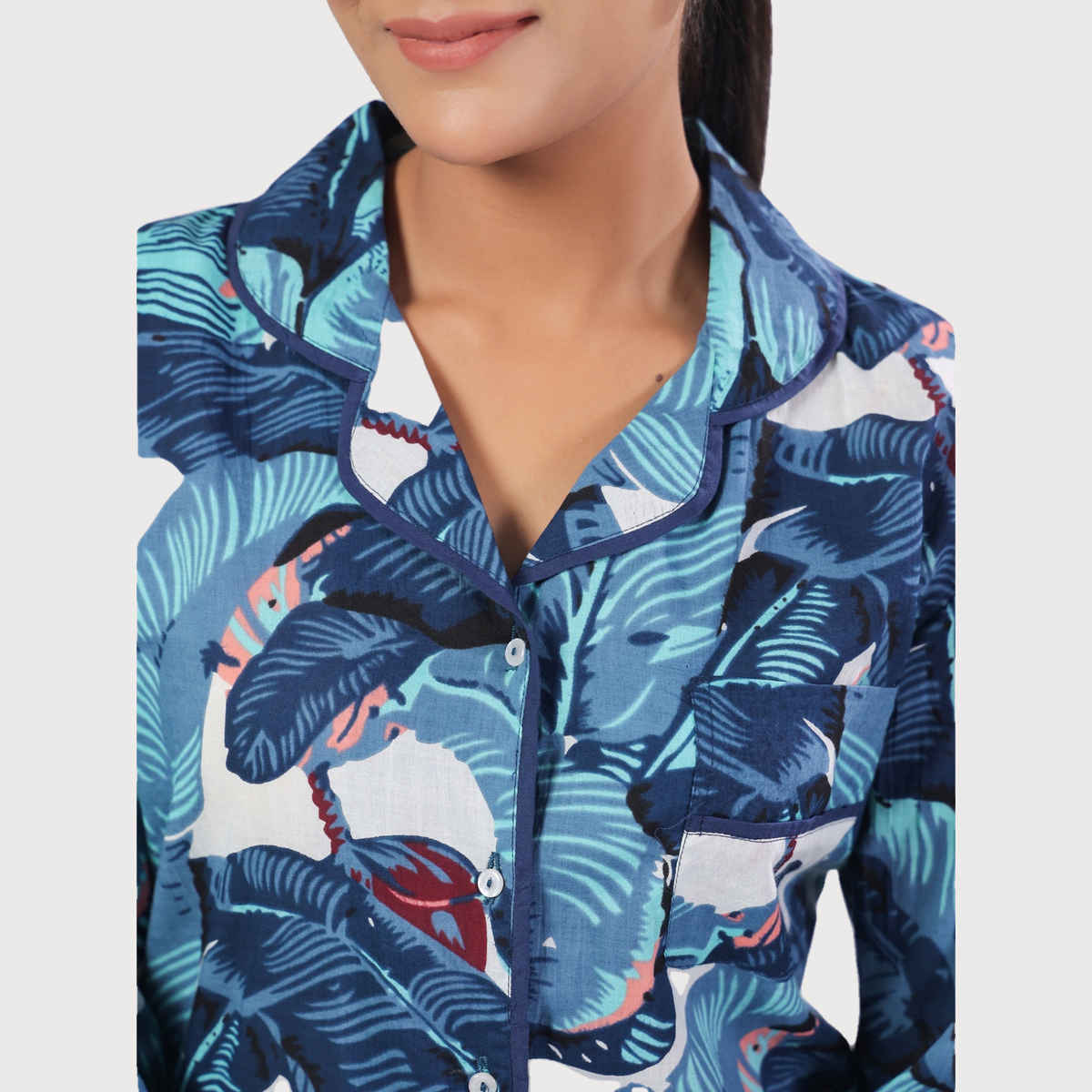 Sanskrutihomes Women Tropical Printed Pure Cotton Blue Night Suit SE-NSP-565 | M
