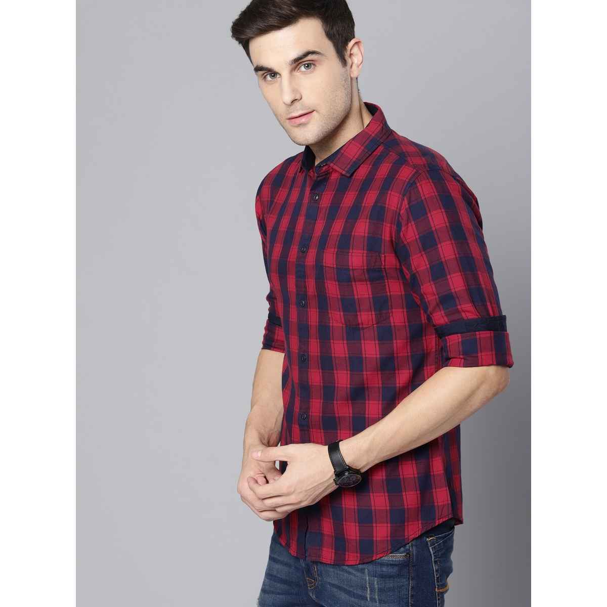 Dennis Lingo Men's Checkered Slim Fit Casual Shirt | Red | S