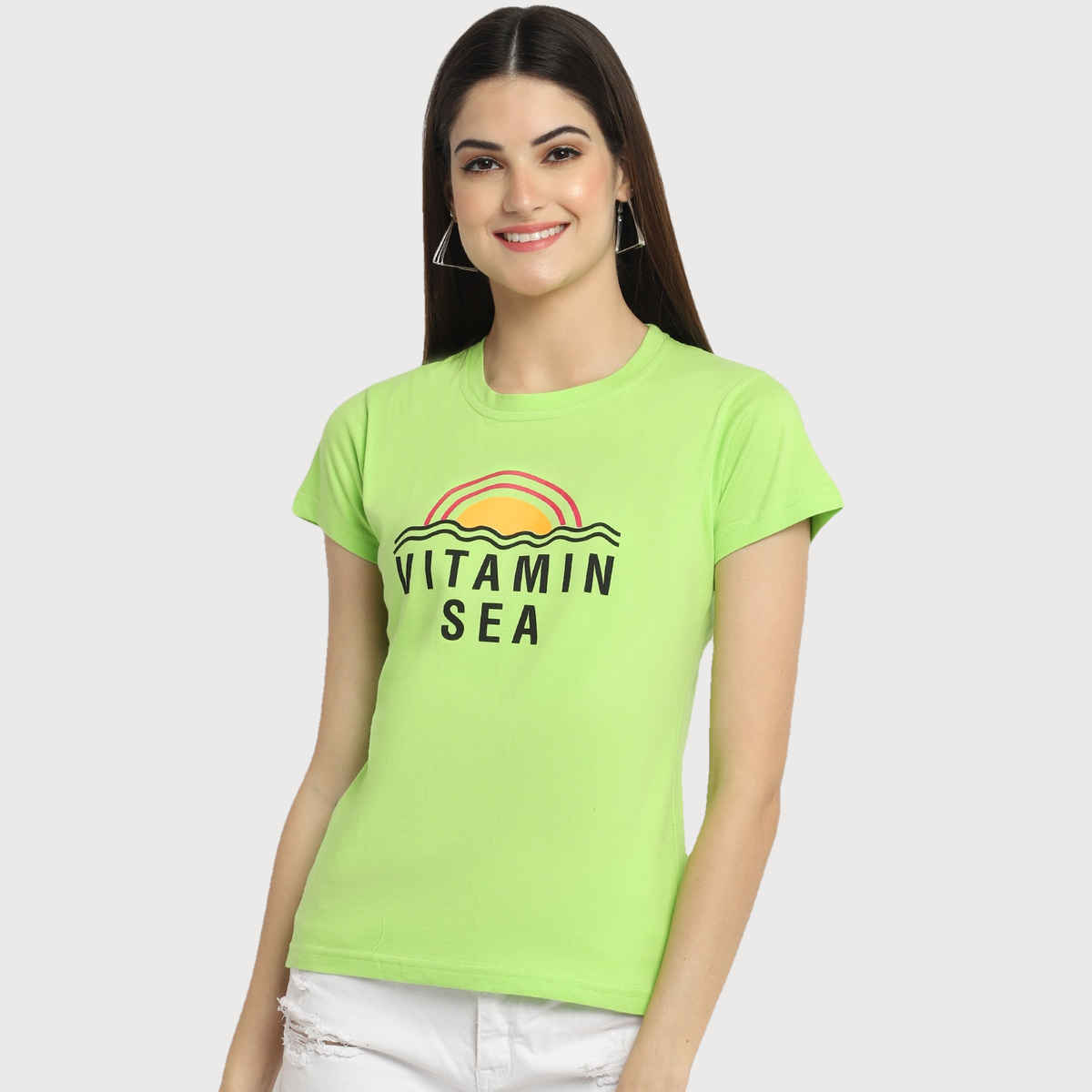 Fabflee Women Regular Cotton Printed Round Neck Tshirt | Green | FAB-WT-30 | M