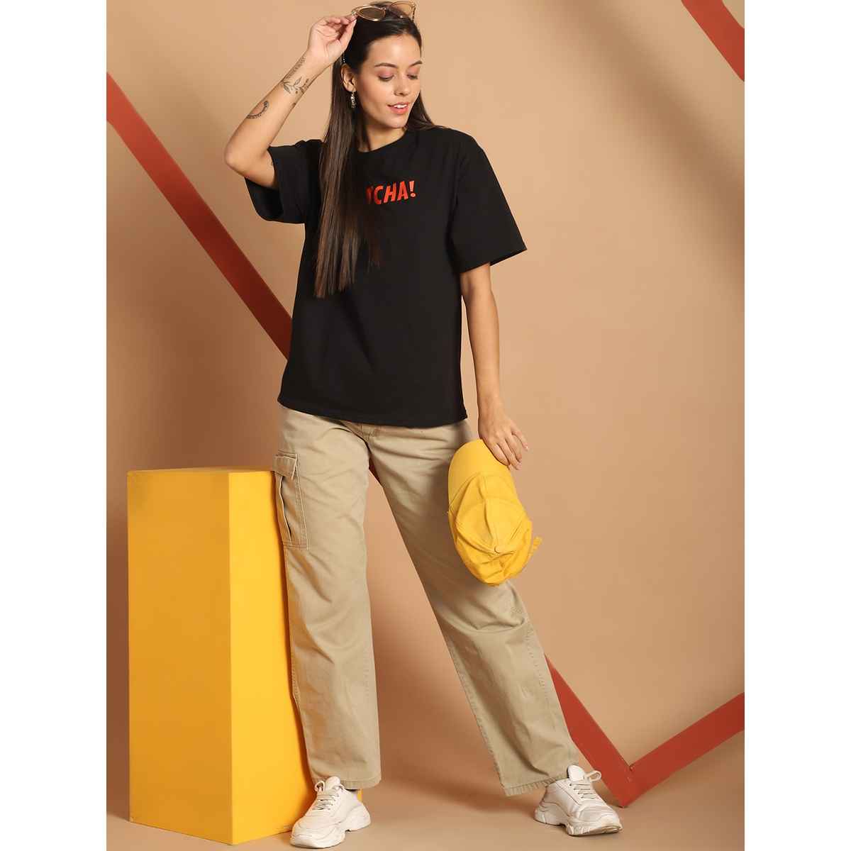 Fabflee Women Oversize Cotton Printed Round Neck Tshirt | Black | FAB-OS-504 | L