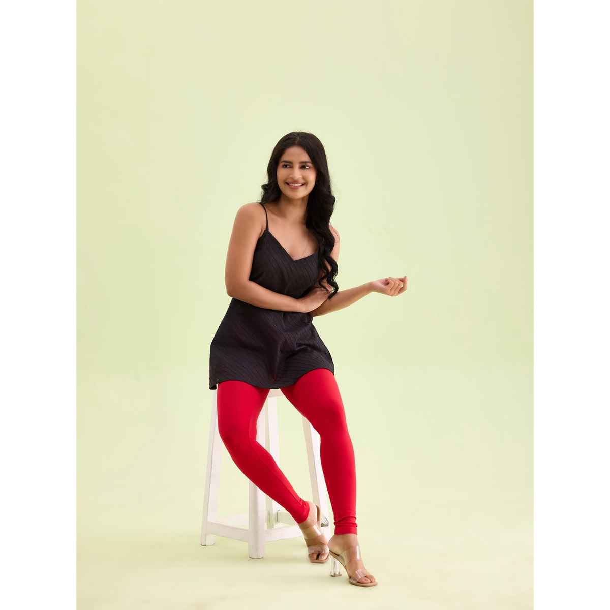 Go Colors Women's Solid Mid Rise Ankle Length Leggings | Dark Red - S