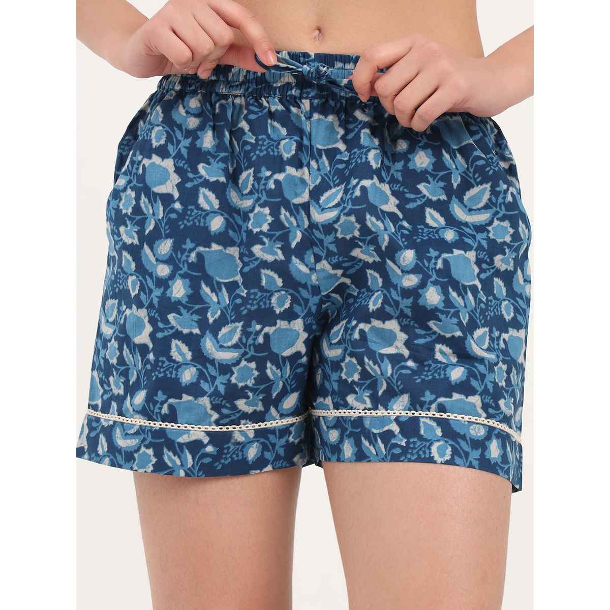 Divena Blue Floral Print Cotton Shorts for Women | DK0258 - M