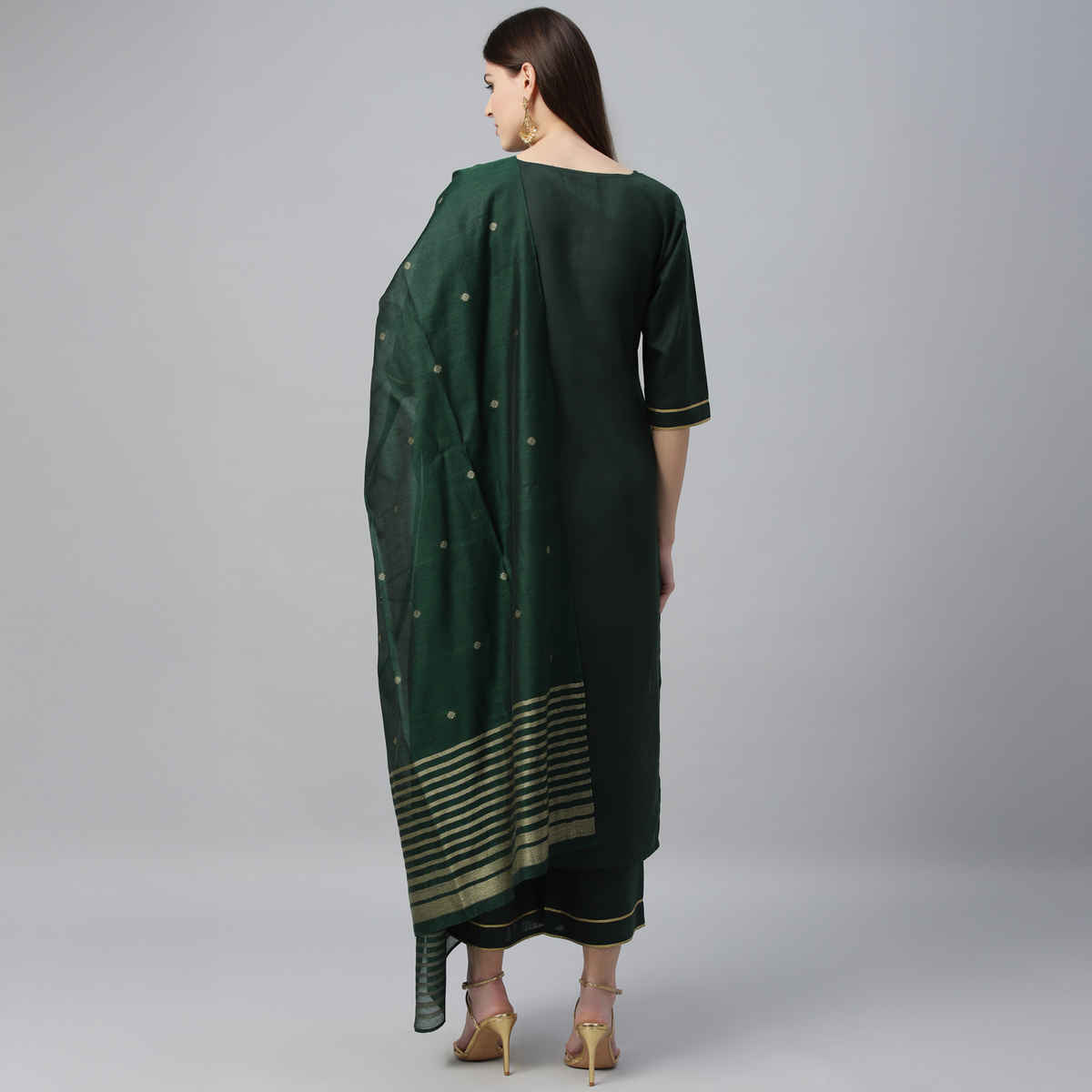 Libas Women Green Solid Straight Kurta And Green Solid Palazzo With Green Dupatta - 6871L