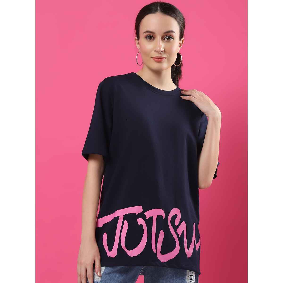 Rigo Women Terry Oversized Printed T-shirt | Navy - L