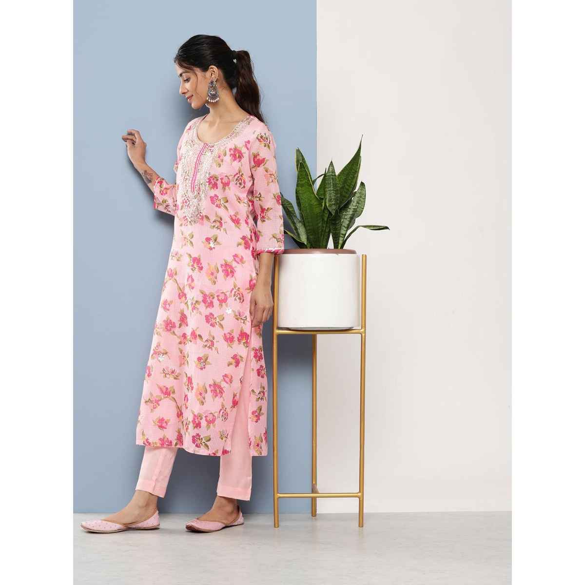 Divena Women s Pink Kota Doria Floral Printed Kurta Pant Dupatta Sets DK0847 | S