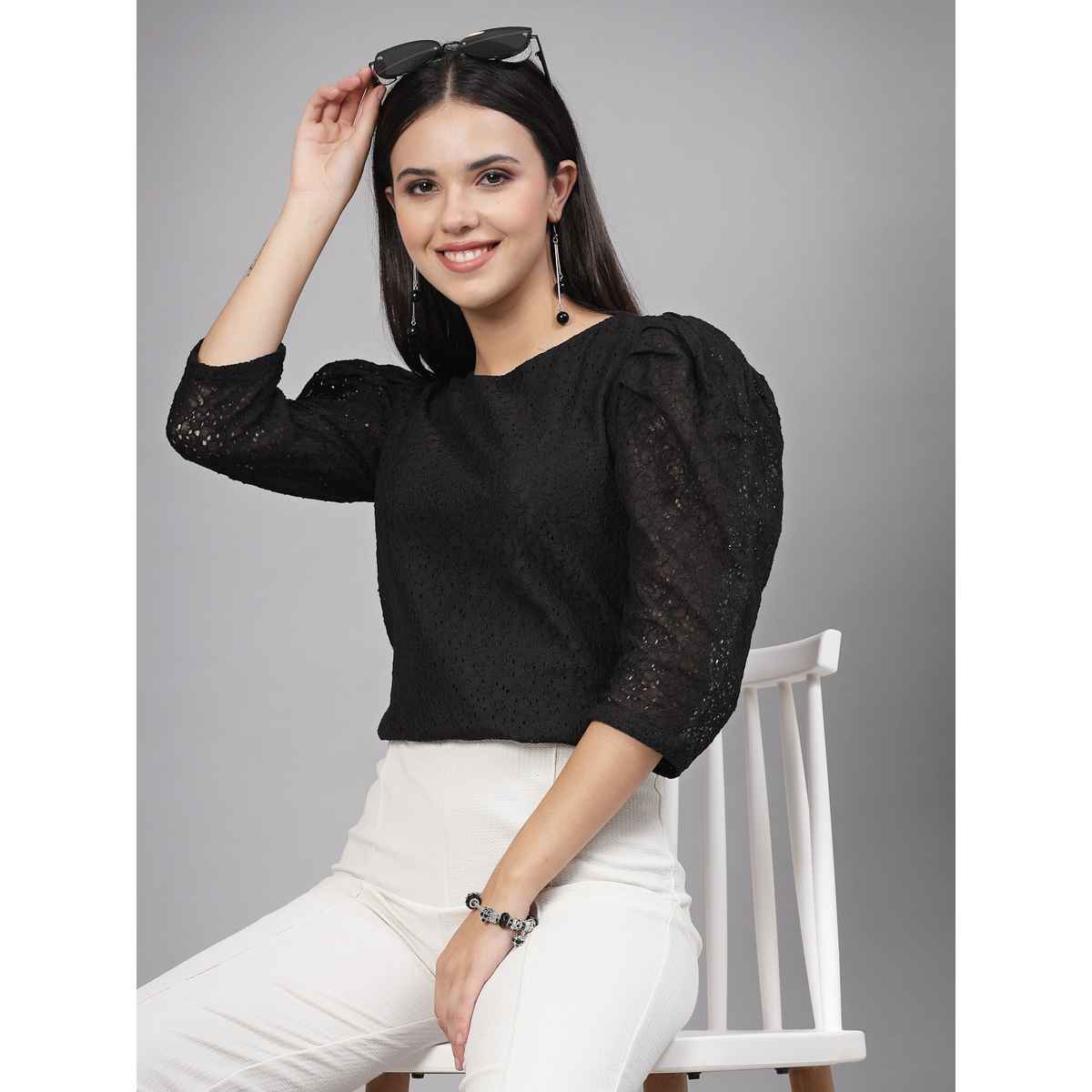 Style Quotient Women Black Self Design Floral Lace Regular Casual Top | XL | AW23SQARNI - Black