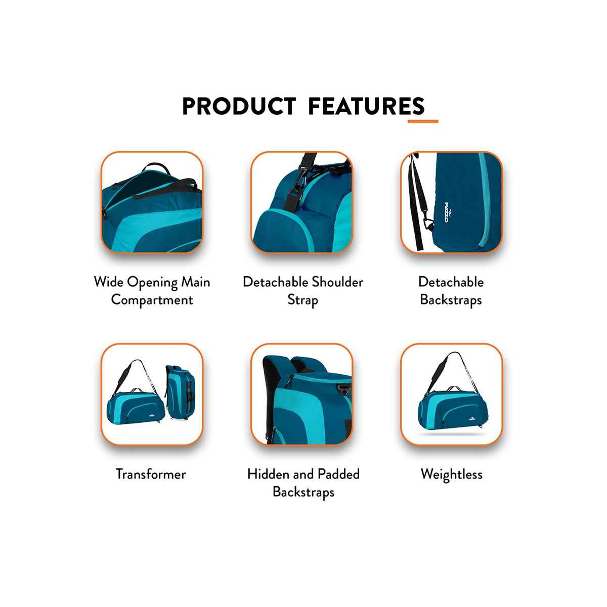 Pazzo Jake 50L Duffel Bag | 3-in-1 Gym | Travel & Backpack | Convertible with Spacious Storage