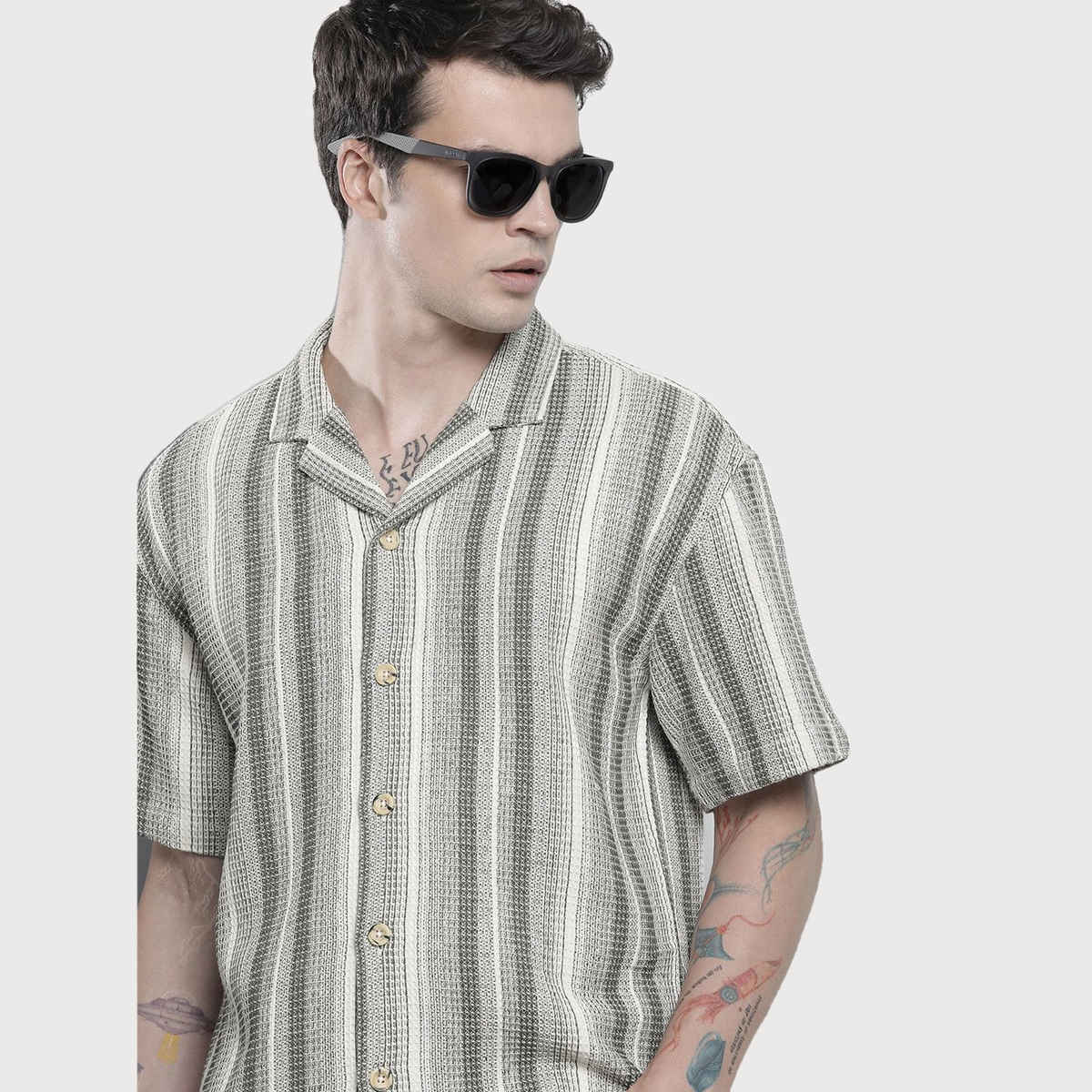 The Indian Garage Co Men's Relaxed Fit Striped Resort Wear Half Sleeve Shirt | Cream - S
