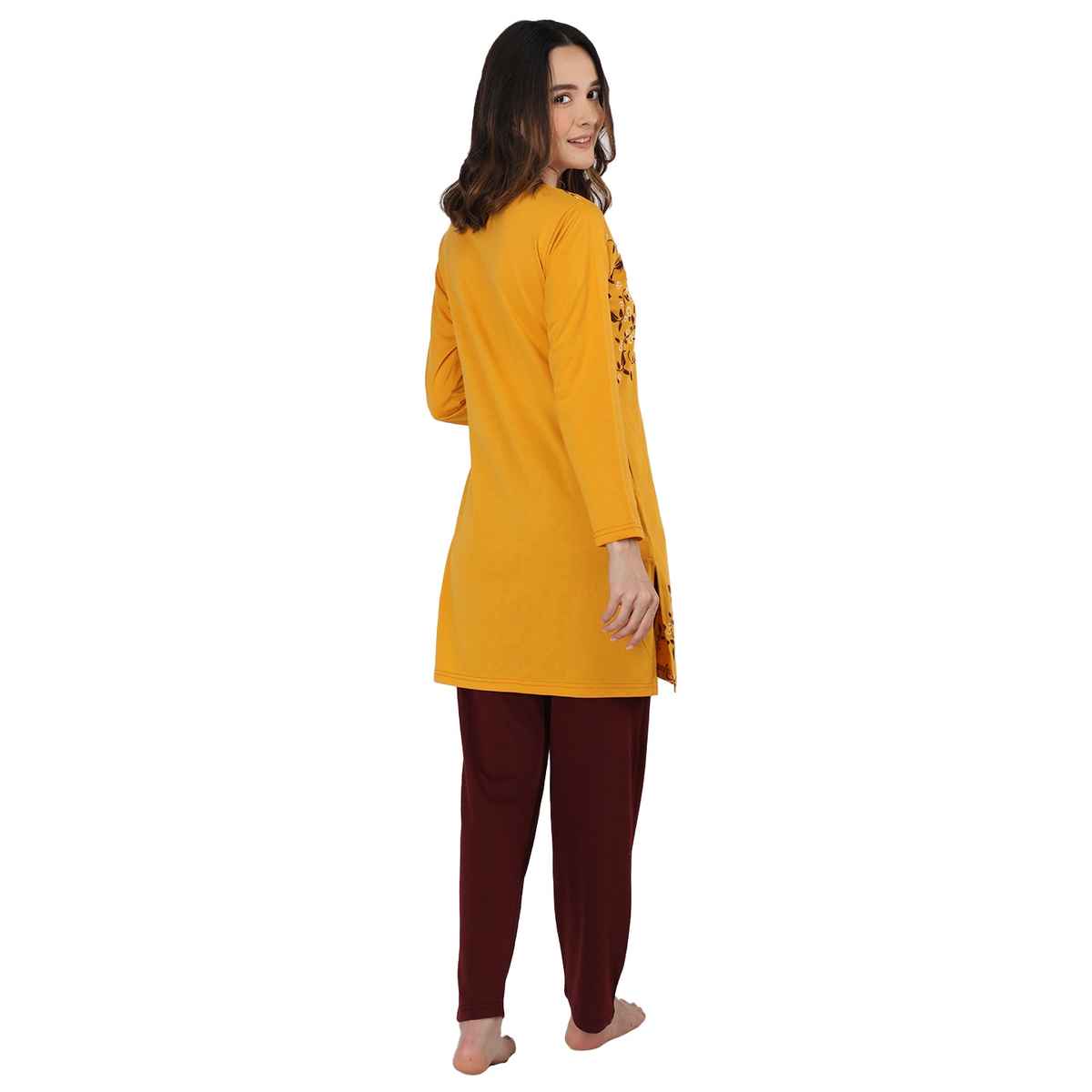 Duchess Women s Cotton Regular Fit Printed & Embroided Long Length Night Suit Set | Mustard - 3XL