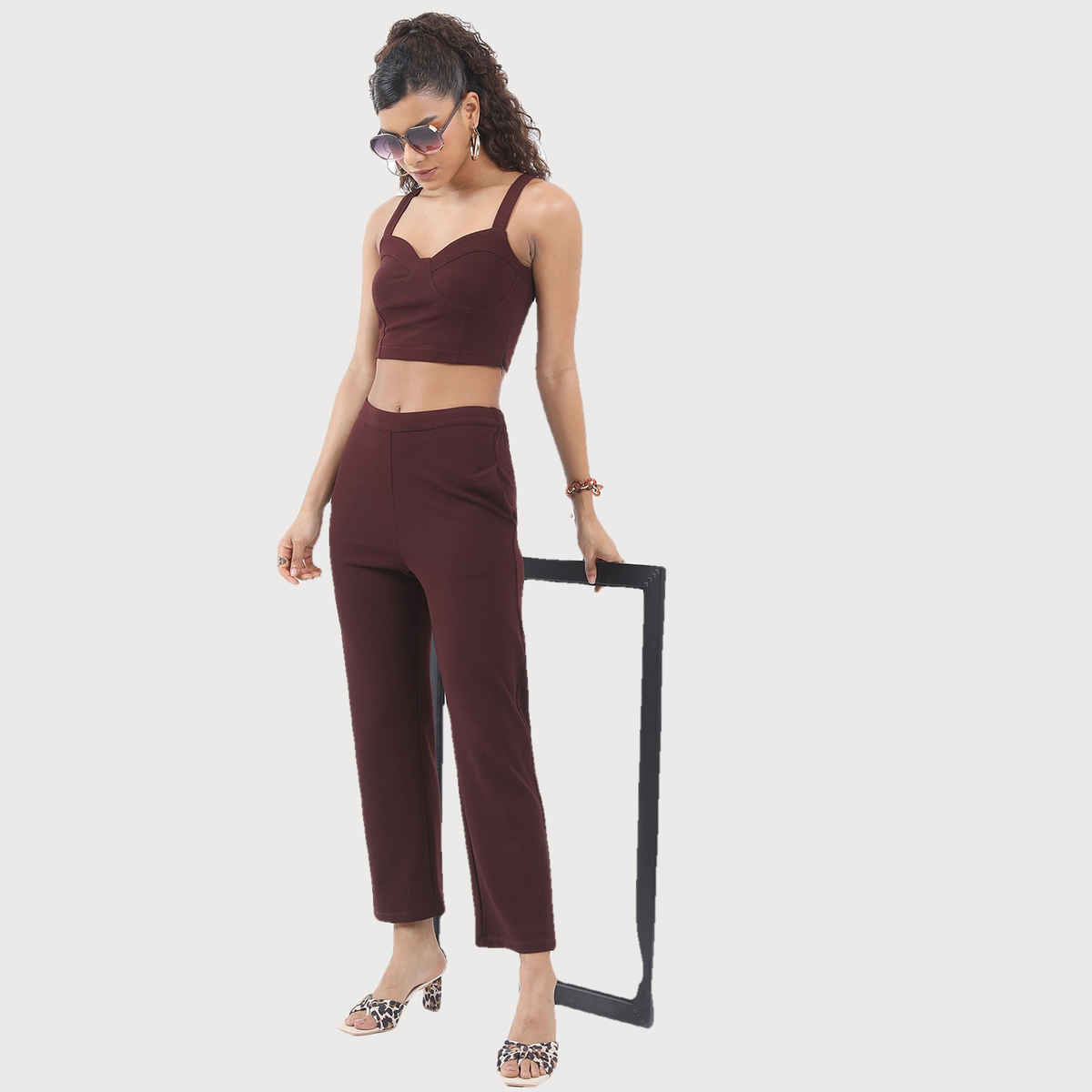 Ketch Women Sweet Heart Neck Crop Top Trousers Co-ords | Brown | L