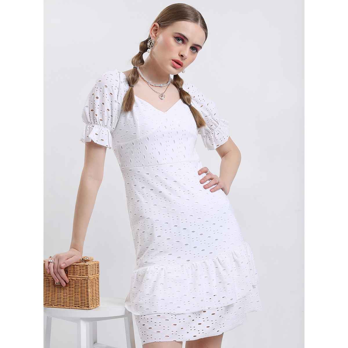 Ketch Women's Puff Sleeves Flounce Hem Schiffli Sheath Dress | White - M