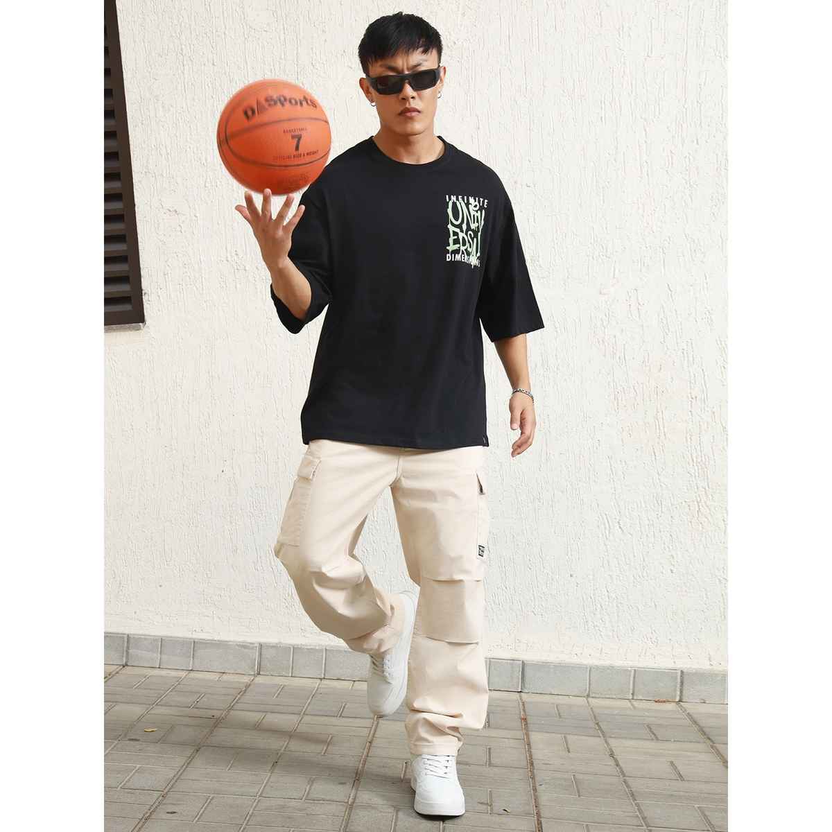 Hubberholme Men's Graphic Printed Drop Shoulder Relaxed Fit T-shirt | Black - XL