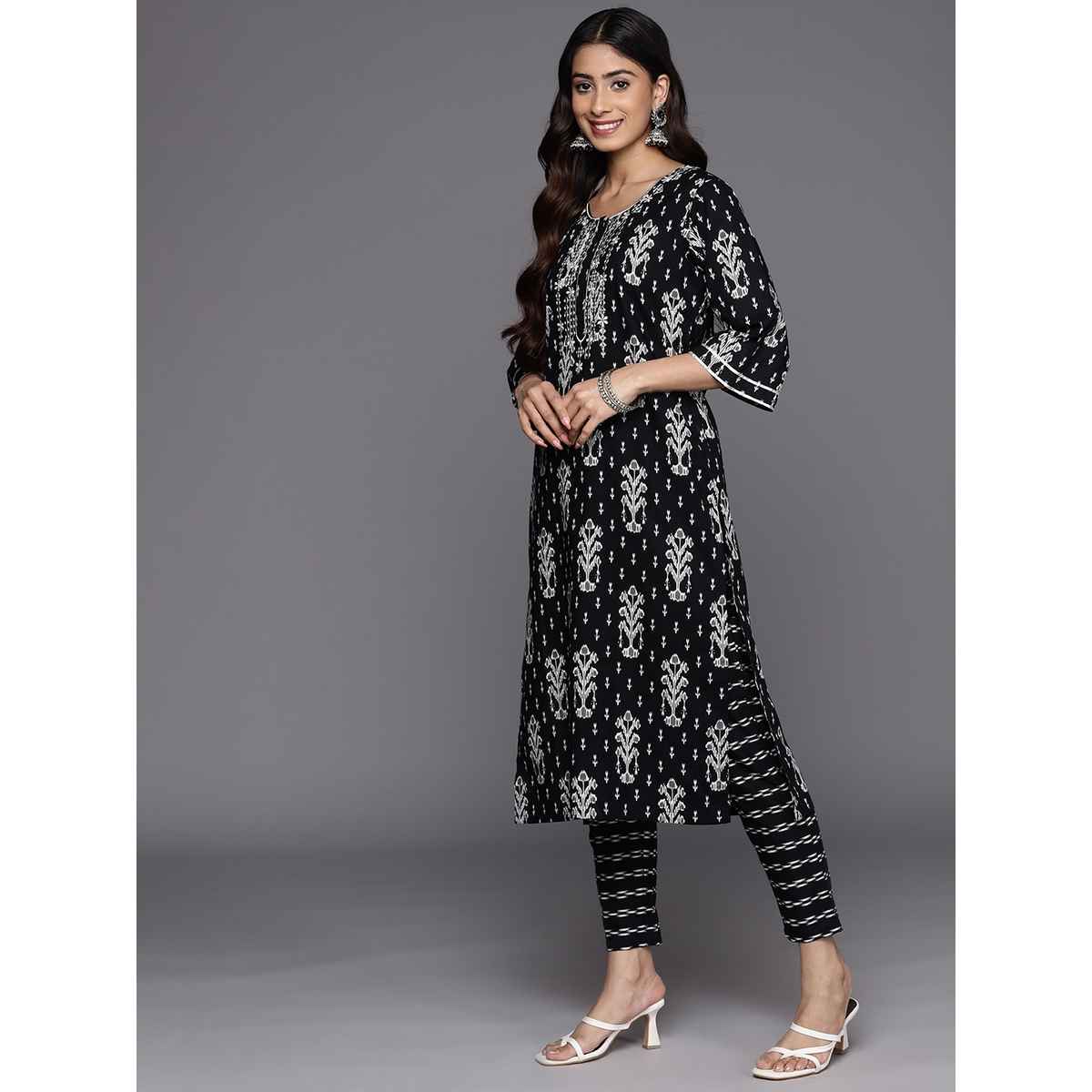 Libas Women Black Mirror Work Detail Straight Kurta With Black Trousers & Dupatta - 34164M