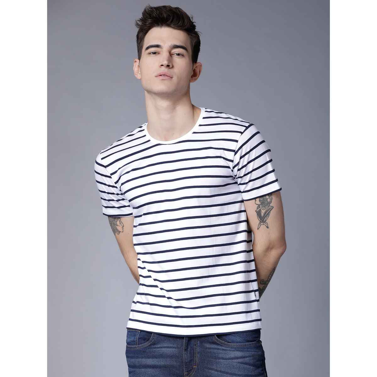 Highlander by Rohit Sharma Men's Slim Fit Cotton T-shirt - Peacoat Navy and White | XL