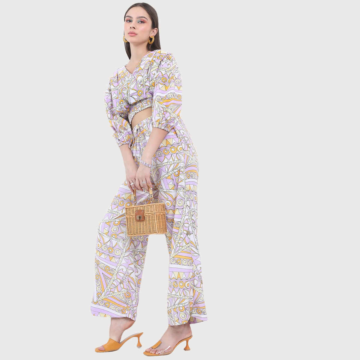 Ketch Women Abstract Printed Crop Top And Trousers Co-ords | Purple | L