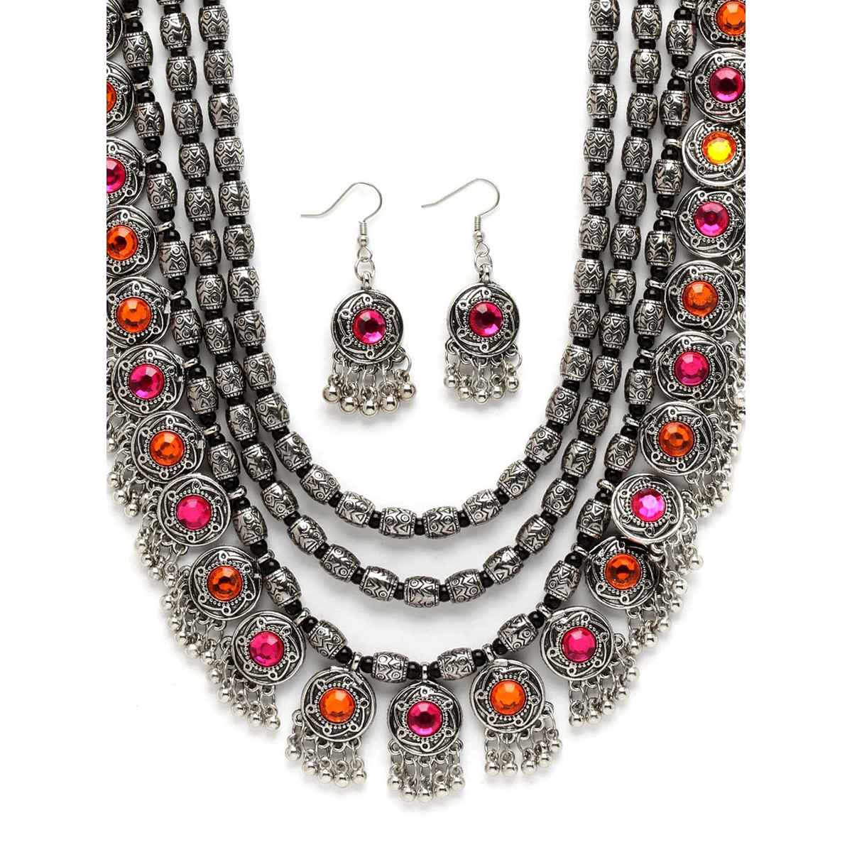 Shining Diva Fashion Stylish Oxidised Silver Tribal Necklace Set for Women and Girls | 12164s