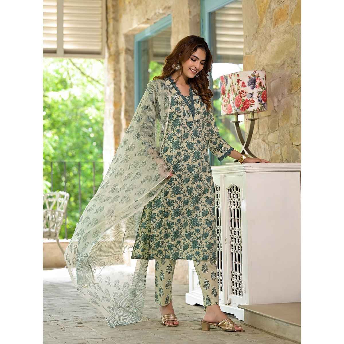 Divena Women s Bottle Green Floral Print Cotton Kurta Set | DK2069 | M
