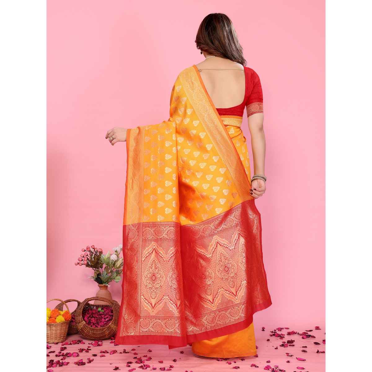 Hema Silk Mills Women Woven Banarasi Silk Blend Saree | Mustard