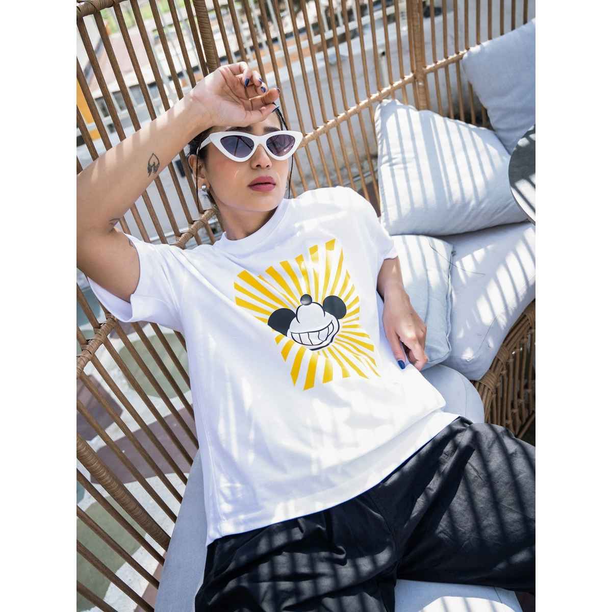 Bonorganik Women's Mickey Oversize Front Print T-shirt BON12096 White M
