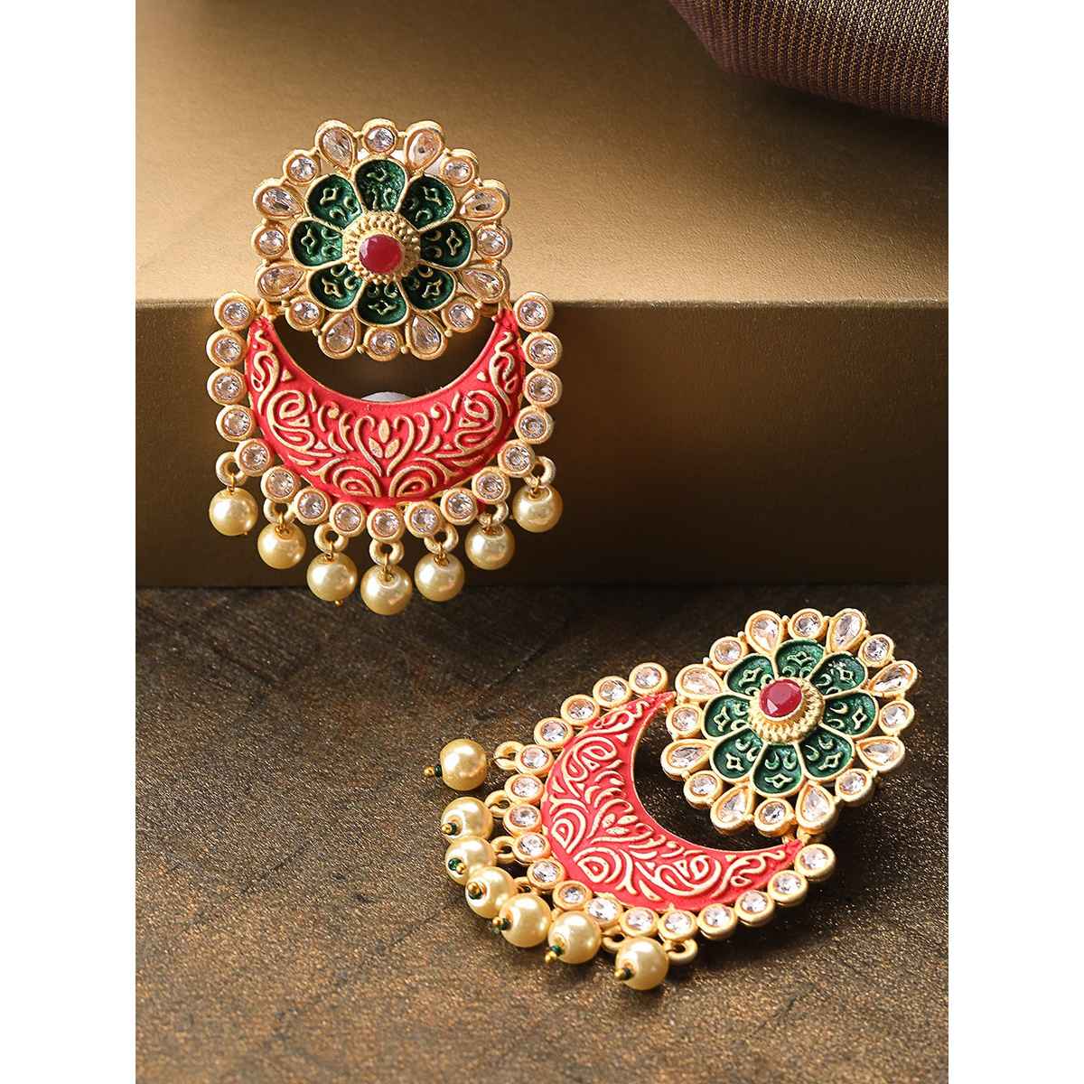 Priyaasi Gold-Plated Stones Studded Floral Patterned Drop Earrings | Red And Green Color
