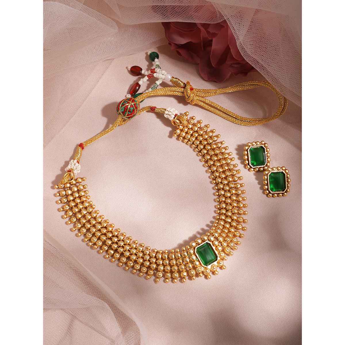 Rubans 22K Gold-Plated Emerald Green Stone Studded Choker Necklace Set with Gold Beads