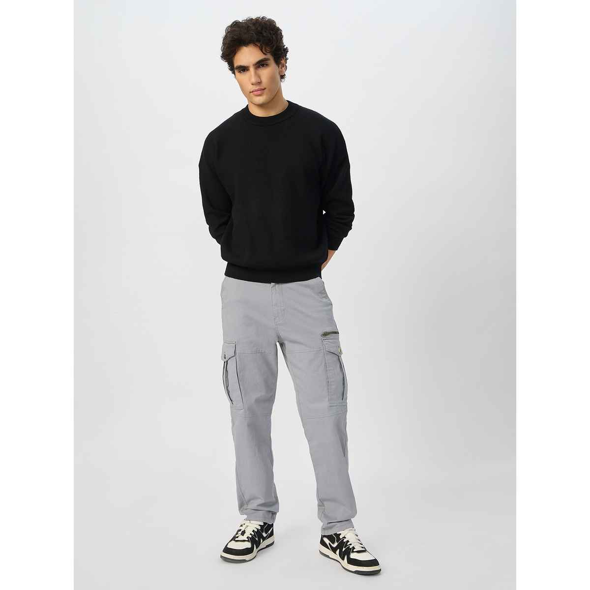 The Souled Store Men's Solids Cargo Pants | Grey - 30