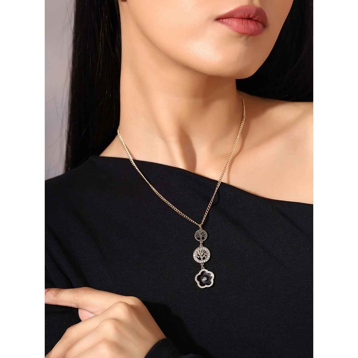 Priyaasi Gold Plated Stones Studded Flower Tree Shaped Pendant With Chain