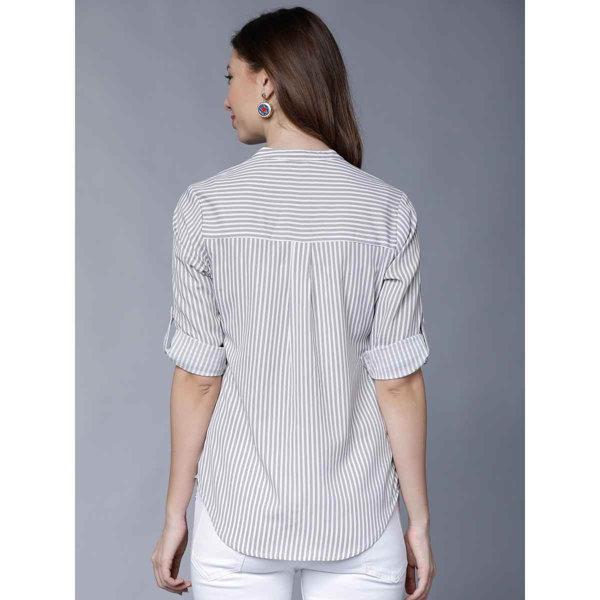 Tokyo Talkies Women's Casual Roll-up Sleeve Striped White, Grey Top | Multicolour - S