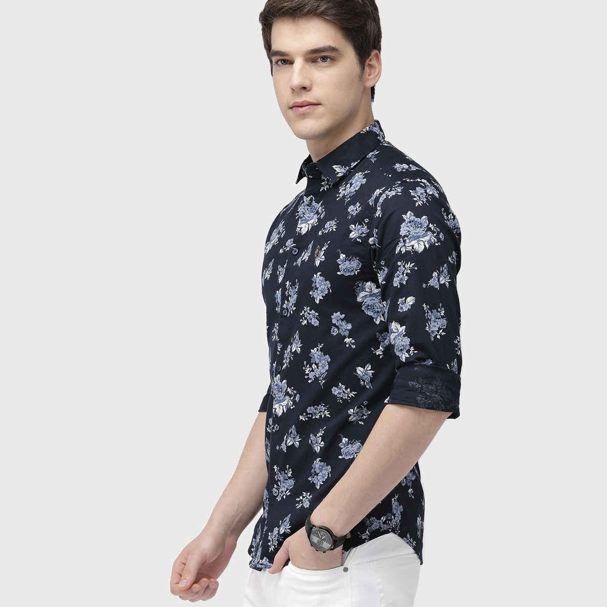 The Indian Garage Co Men's Slim Fit Floral Print Casual Shirt | Navy Blue - M
